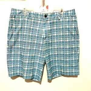 Adidas Shorts Mens 36 White Blue Check 9” Inseam Casual Performance Golf Chino